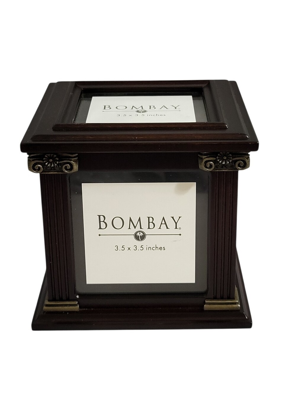 Vintage 2002 Bombay Company 3.5" Square Photo Cube Storage Box Mahogany Wood